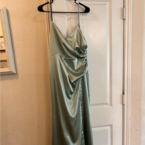 Birdy Grey Satin Sage Ruched Bridesmaid Dress - Picture 2 of 3
